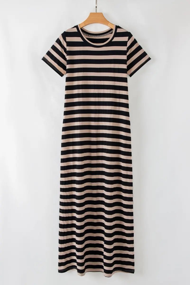 Black Stripe Casual Round Neck T-shirt Maxi Dress with Pockets - Love Salve